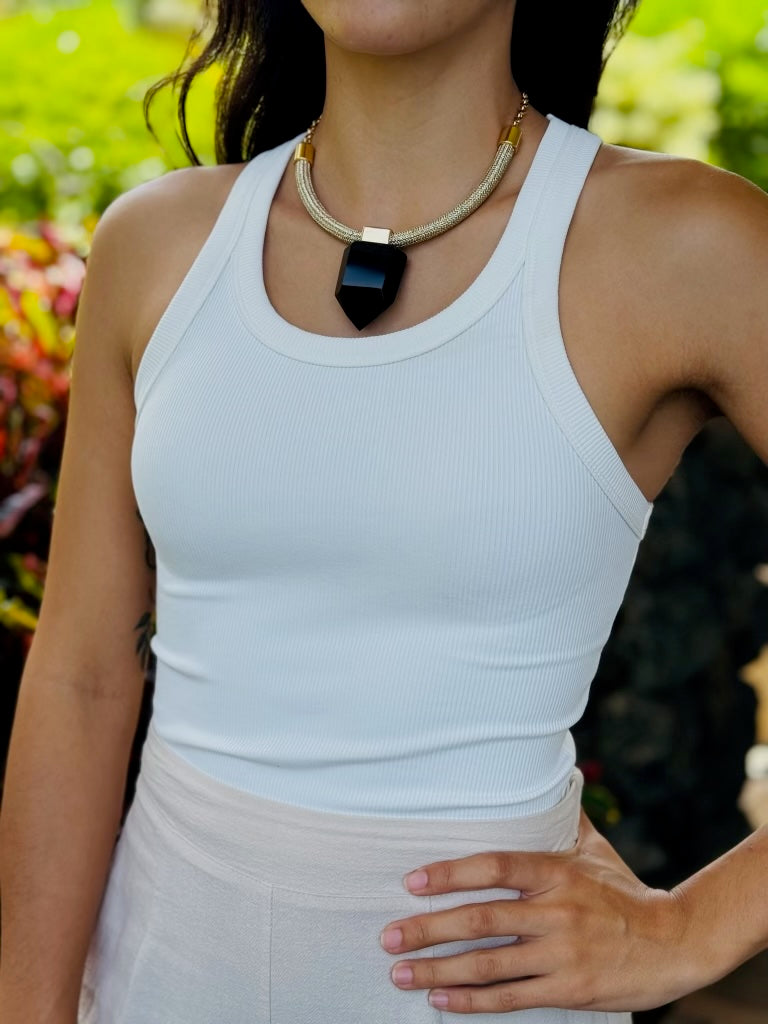 Tats Black Quartz necklace on model