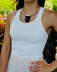 Tats Black Quartz necklace on model