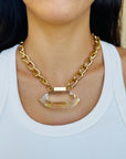 Zoe Double Terminated Clear Quartz necklace detail on model for Dorow Collection