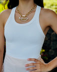 Zoe Clear Quartz statement necklace on model